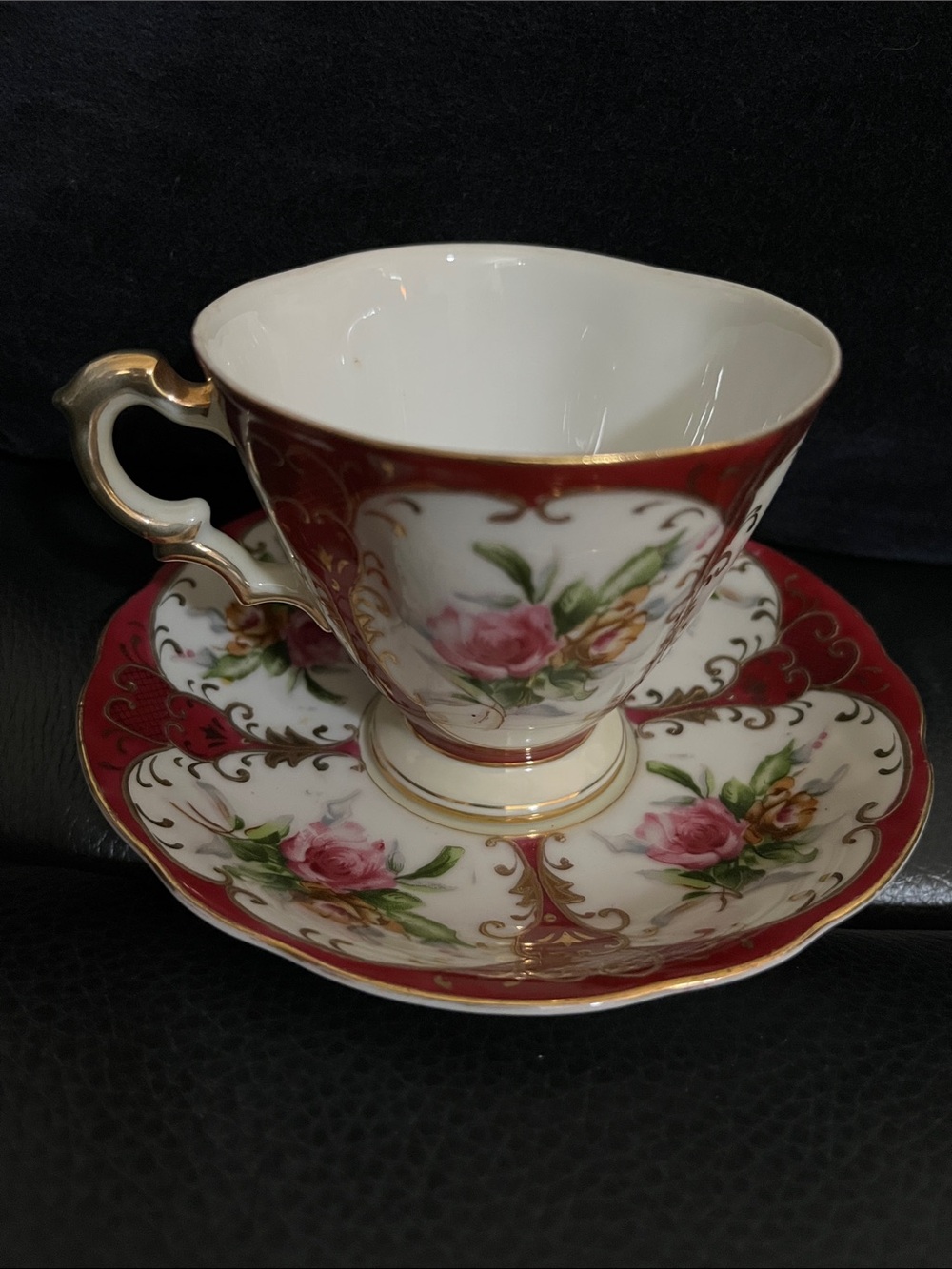 Vintage Lefton Scarlet Heritage Rose Gold China Teacup & Saucer Hand Painted
